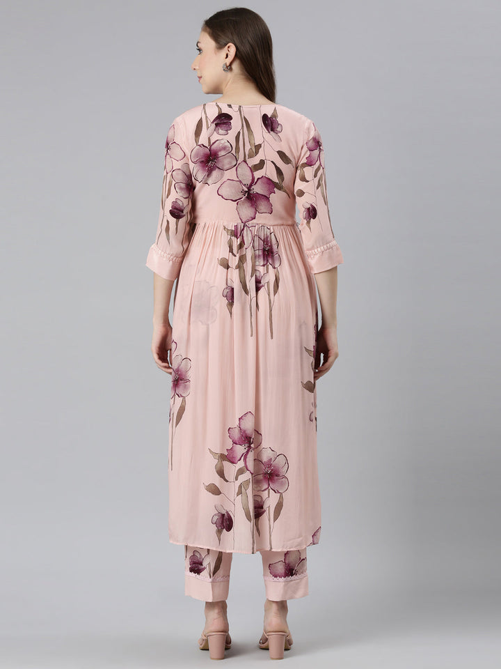 Neerus Pink Regular Stragiht Printed Kurta and Palazzos