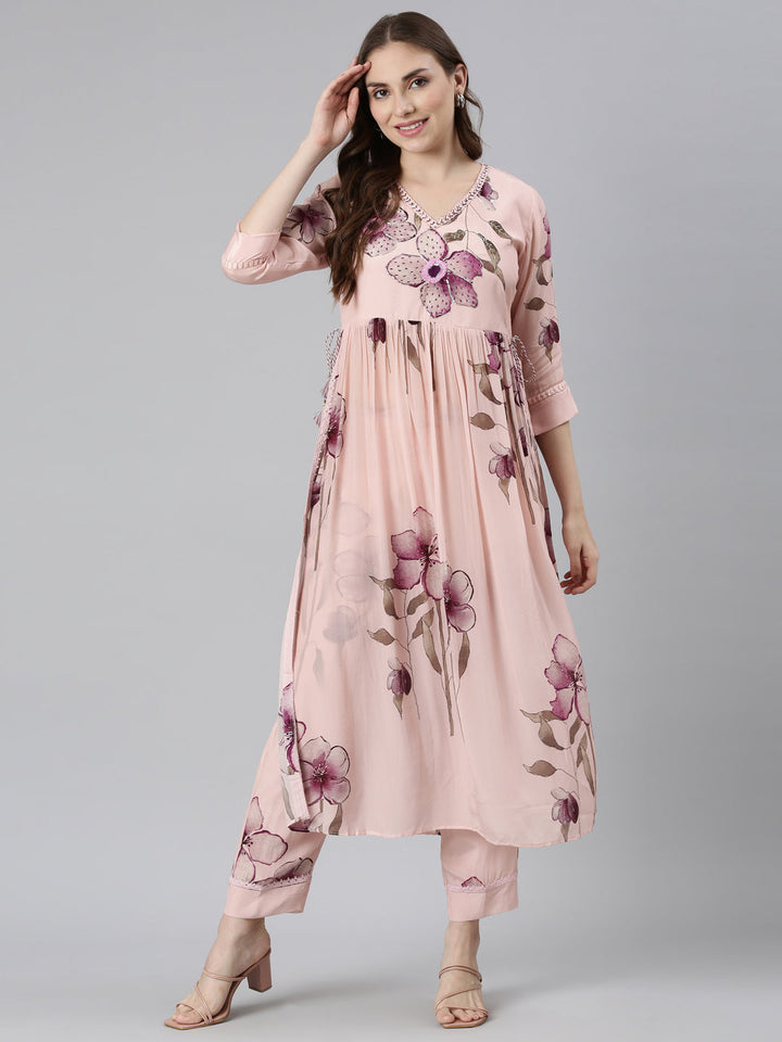 Neerus Pink Regular Stragiht Printed Kurta and Palazzos