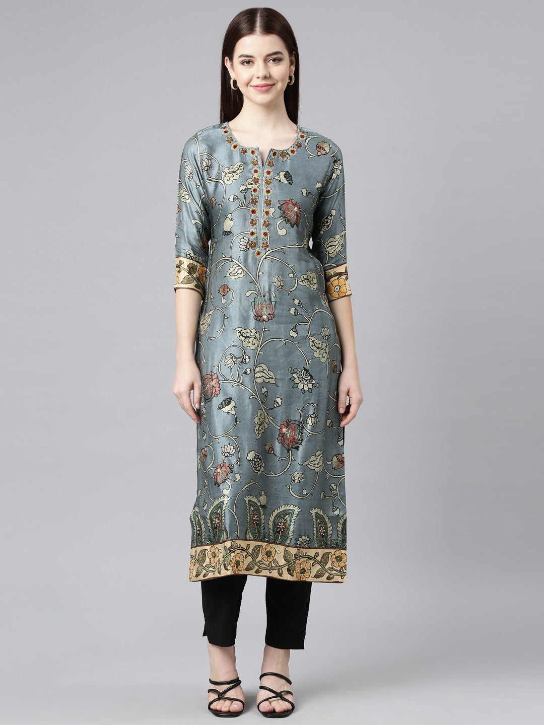 Neerus Grey satin printed straight kurta - front view