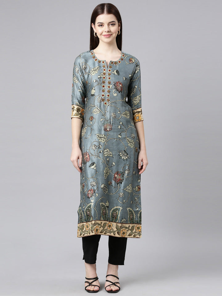 Neerus Grey satin printed straight kurta - front view
