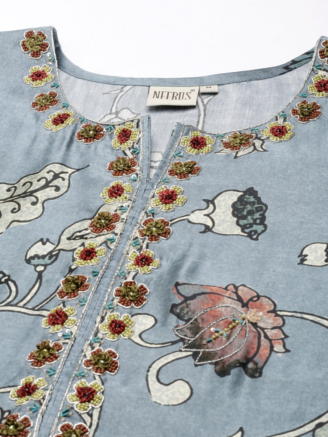 Neerus Grey satin printed straight kurta - detail view 3
