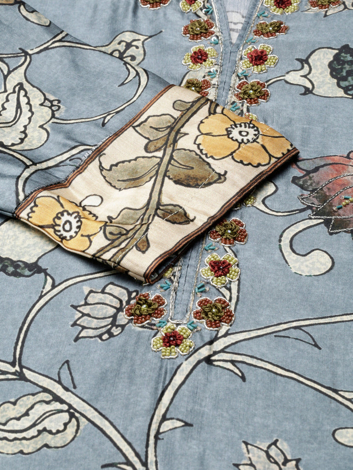 Neerus Grey satin printed straight kurta - detail view 4