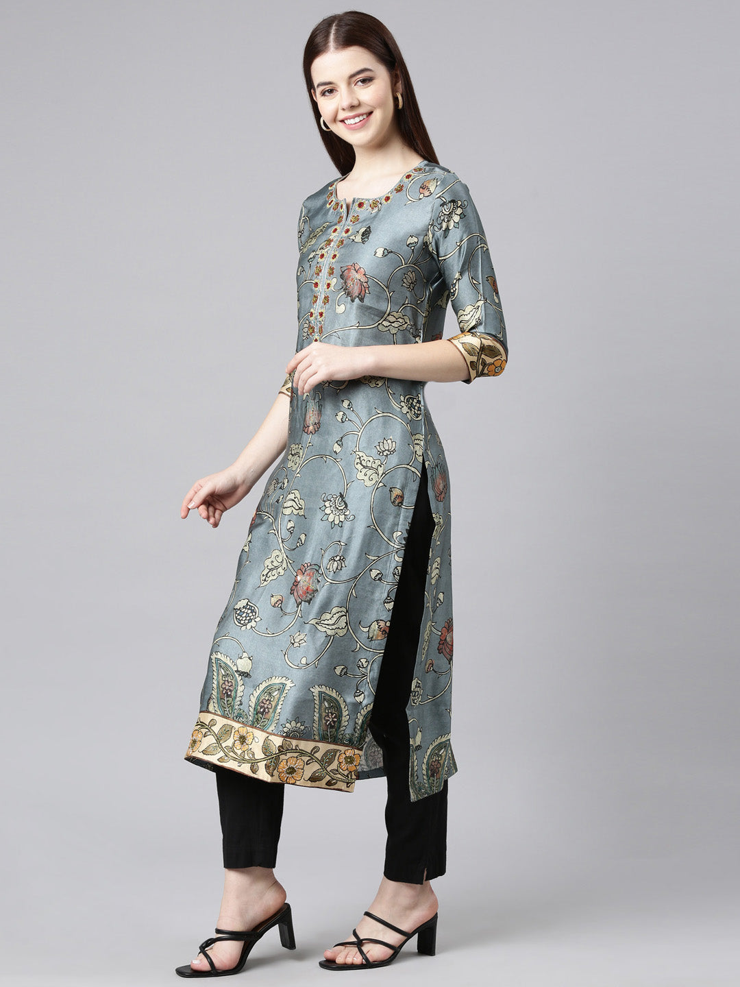 Neerus Grey satin printed straight kurta - back view