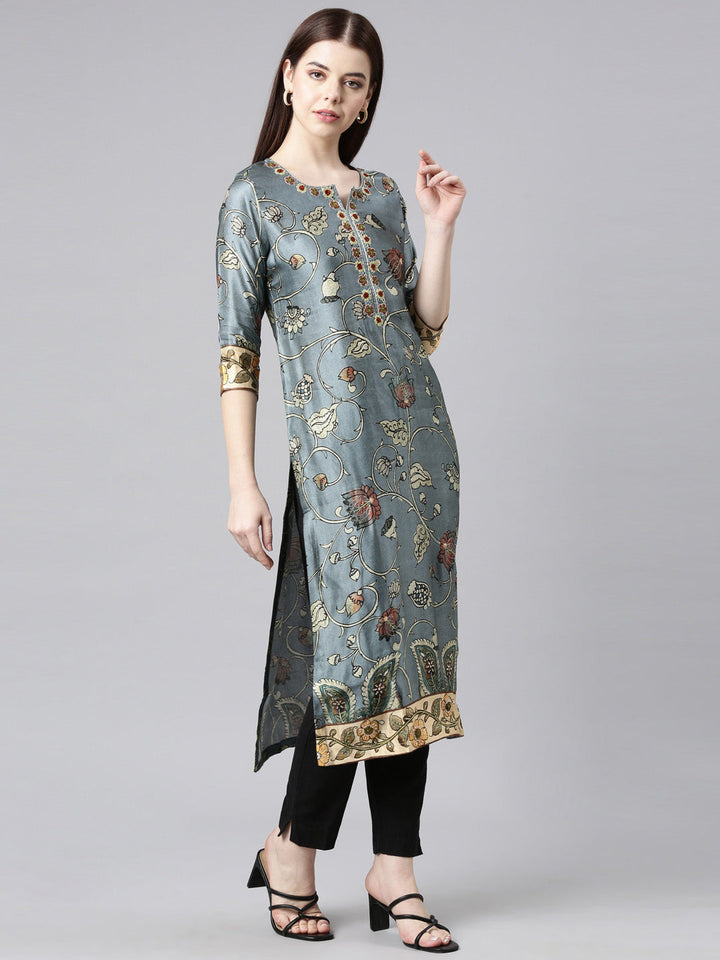Neerus Grey satin printed straight kurta - side view