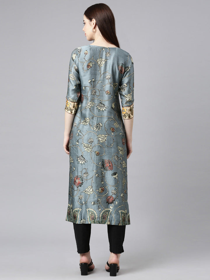 Neerus Grey satin printed straight kurta - detail view 1