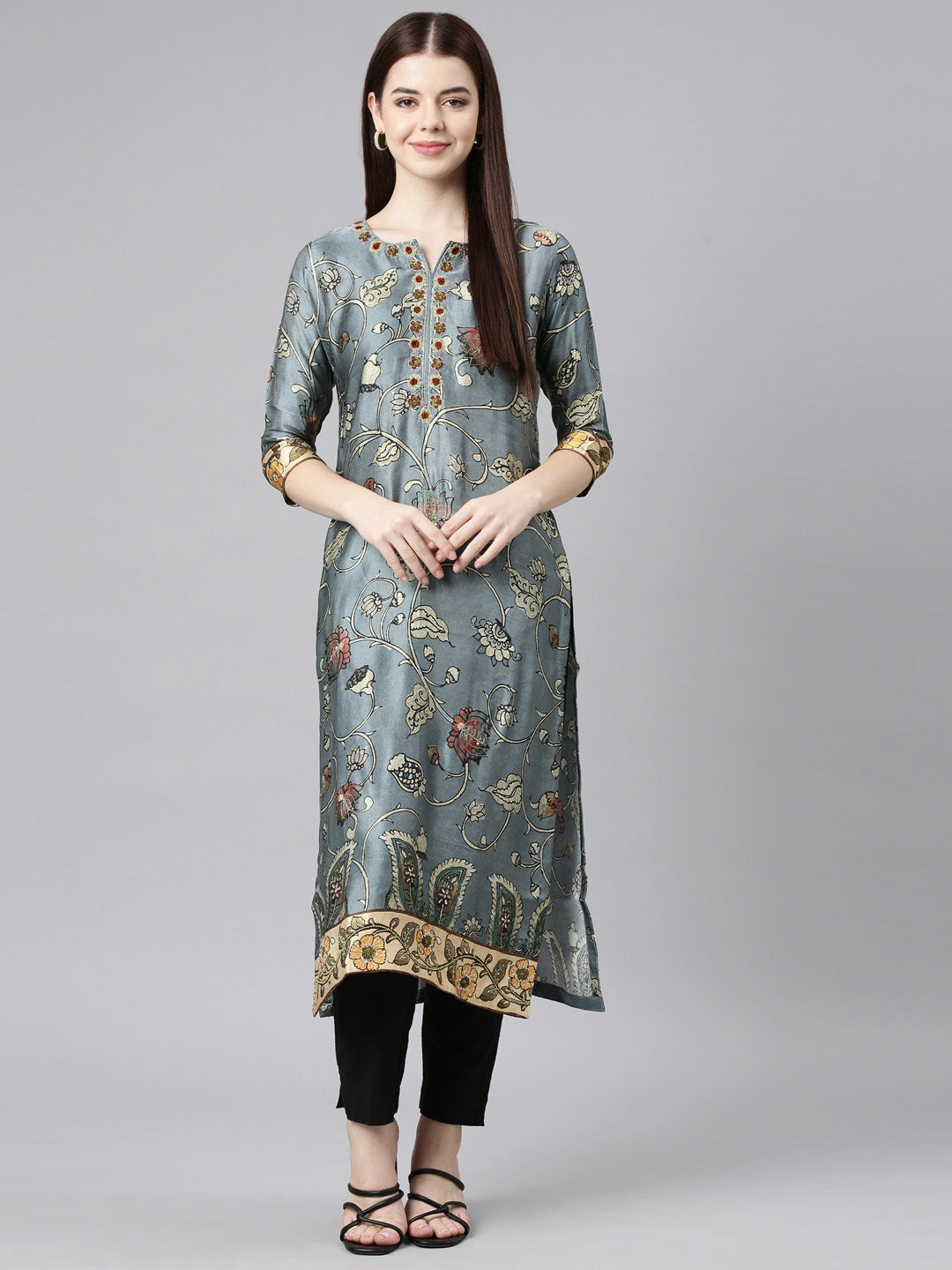 Neerus Grey satin printed straight kurta - detail view 5