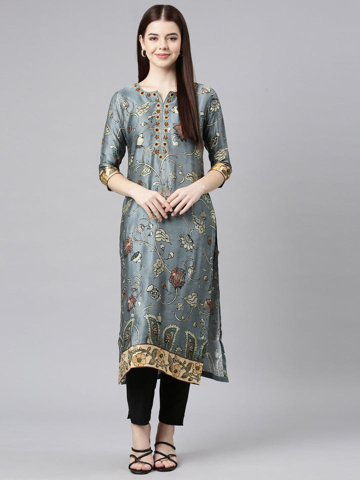 Neerus Grey satin printed straight kurta - detail view 5