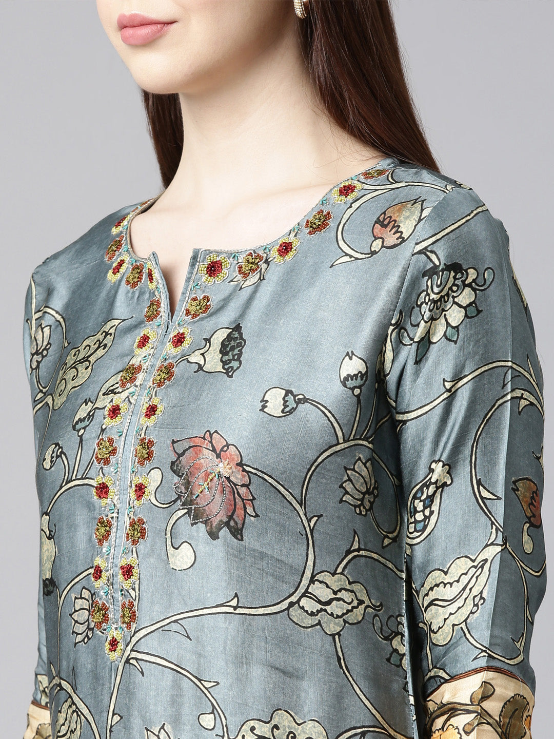 Neerus Grey satin printed straight kurta - detail view 2