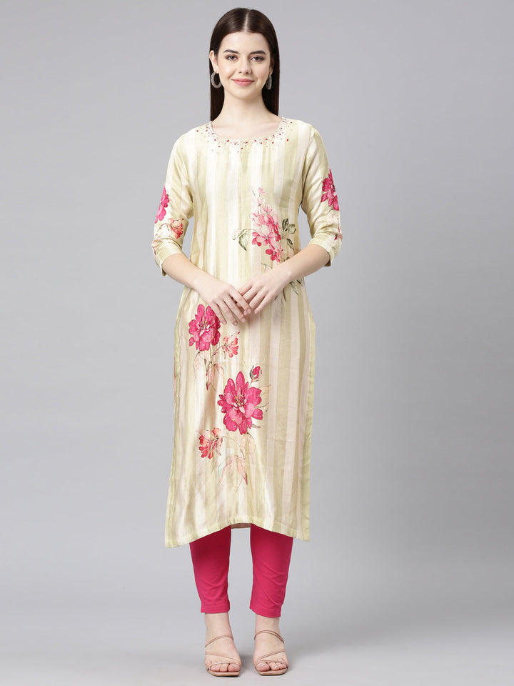 Neerus Green cotton printed straight kurta - front view