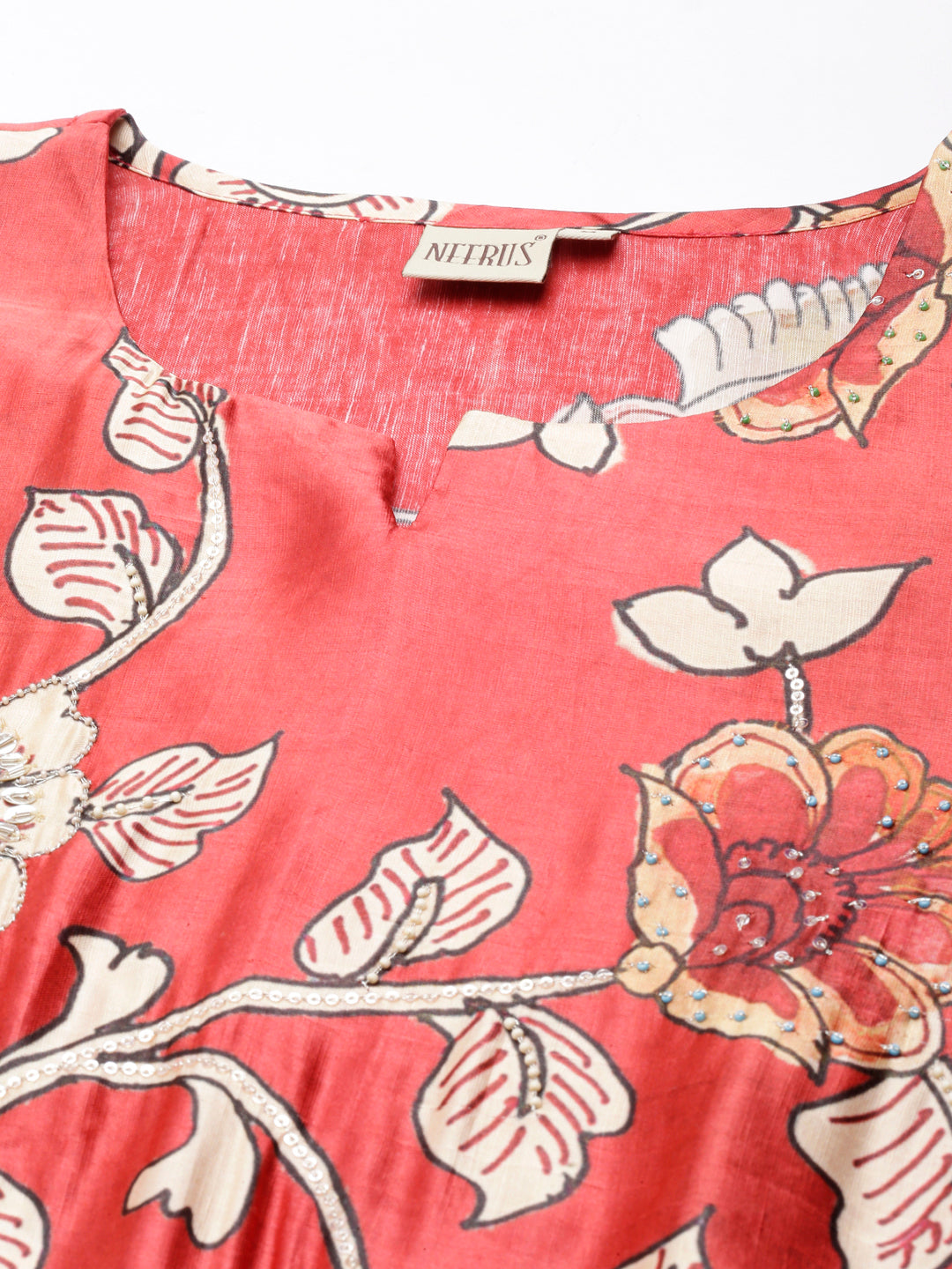 Neerus Orange printed floral straight kurta - detail view 3