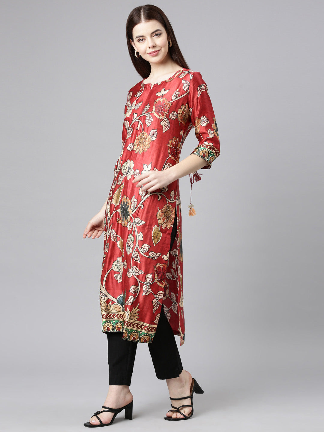 Neerus Orange printed floral straight kurta - back view