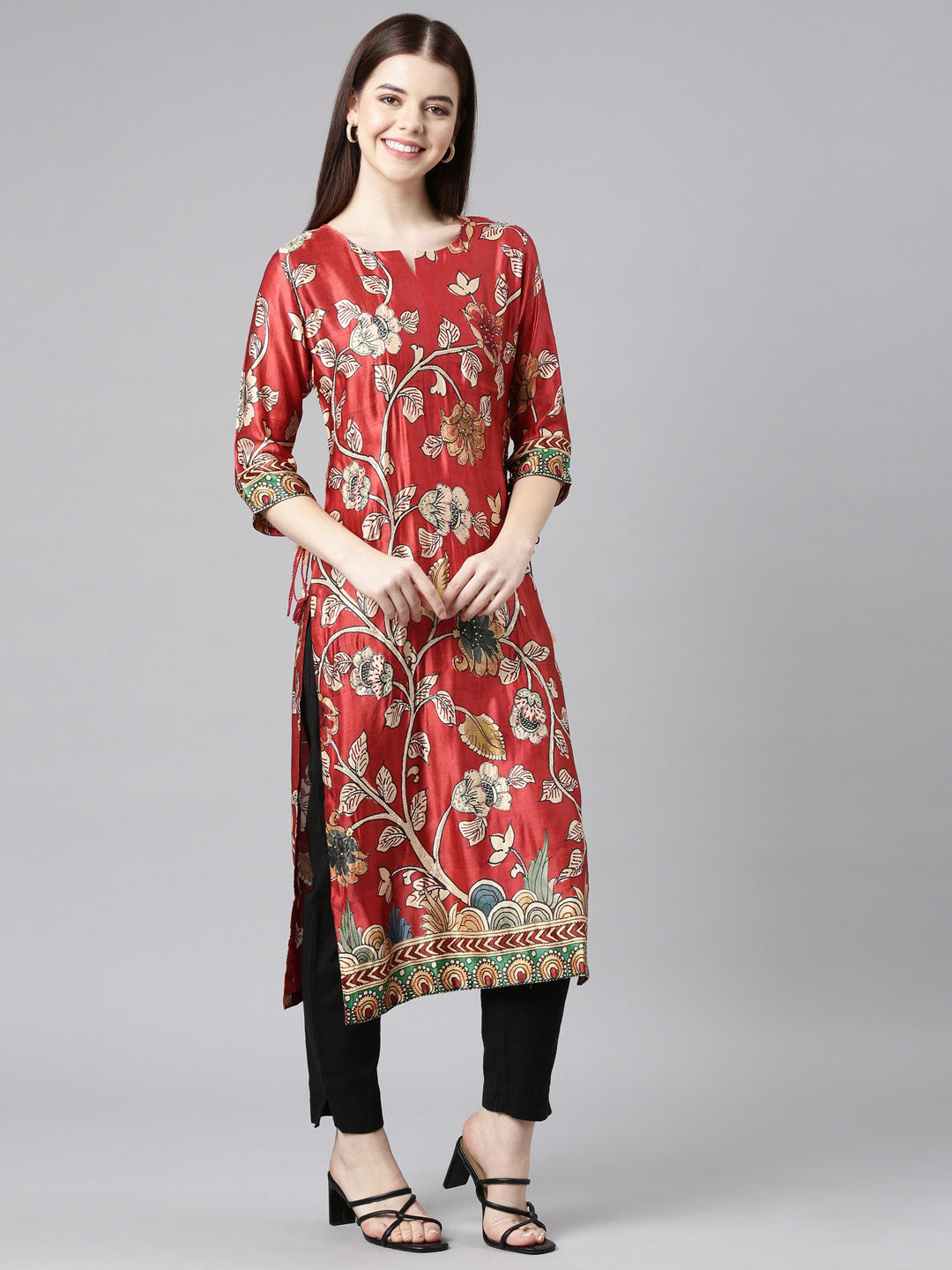 Neerus Orange printed floral straight kurta - side view
