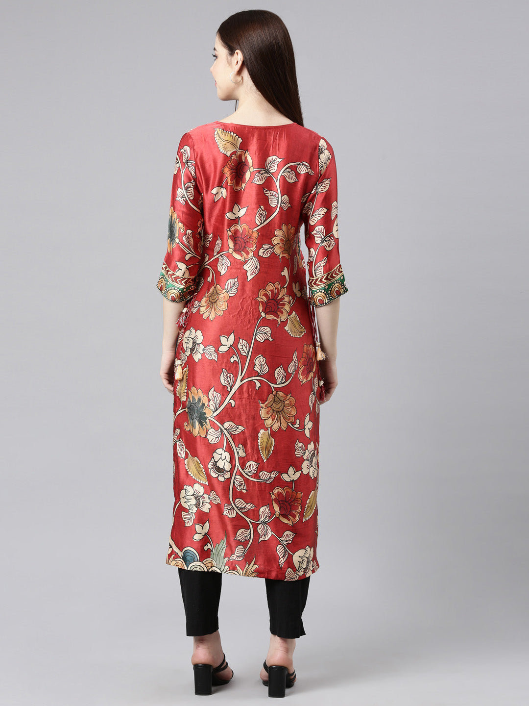 Neerus Orange printed floral straight kurta - detail view 1