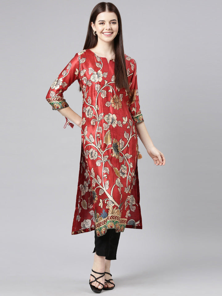 Neerus Orange printed floral straight kurta - detail view 5