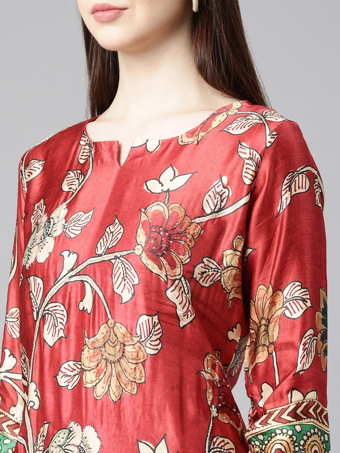 Neerus Orange printed floral straight kurta - detail view 2