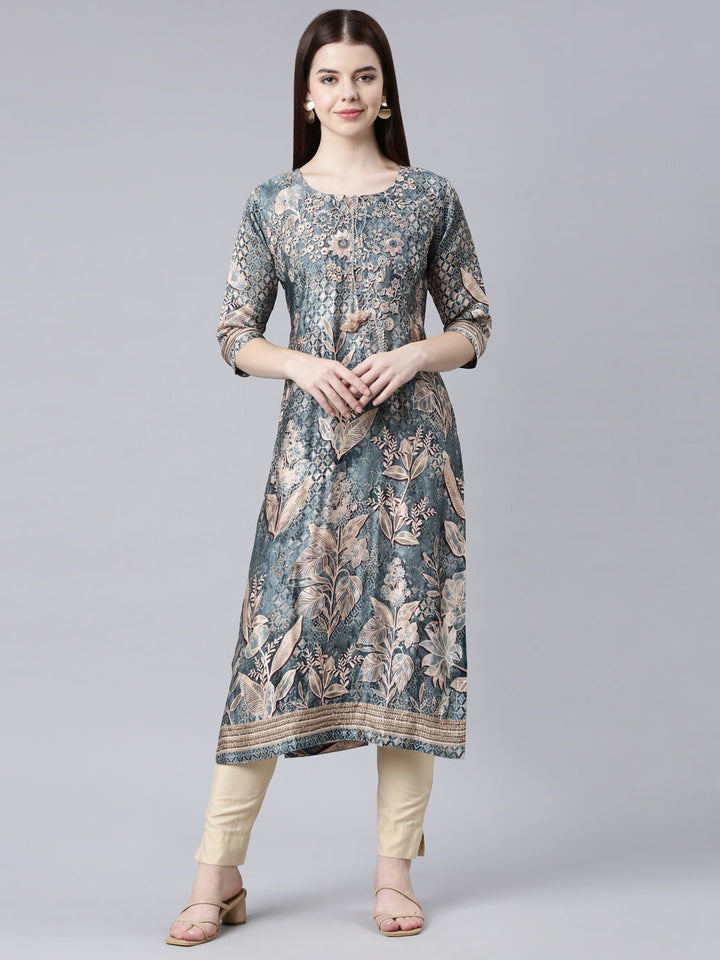 Neerus Green printed floral straight kurta - front view