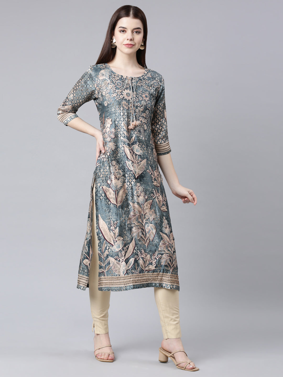 Neerus Green printed floral straight kurta - back view
