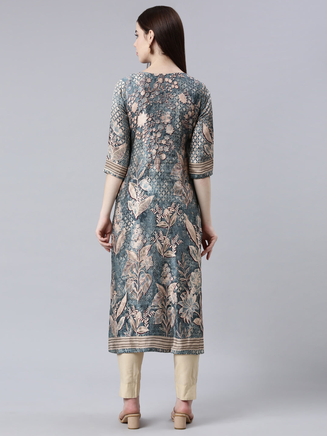 Neerus Green printed floral straight kurta - side view
