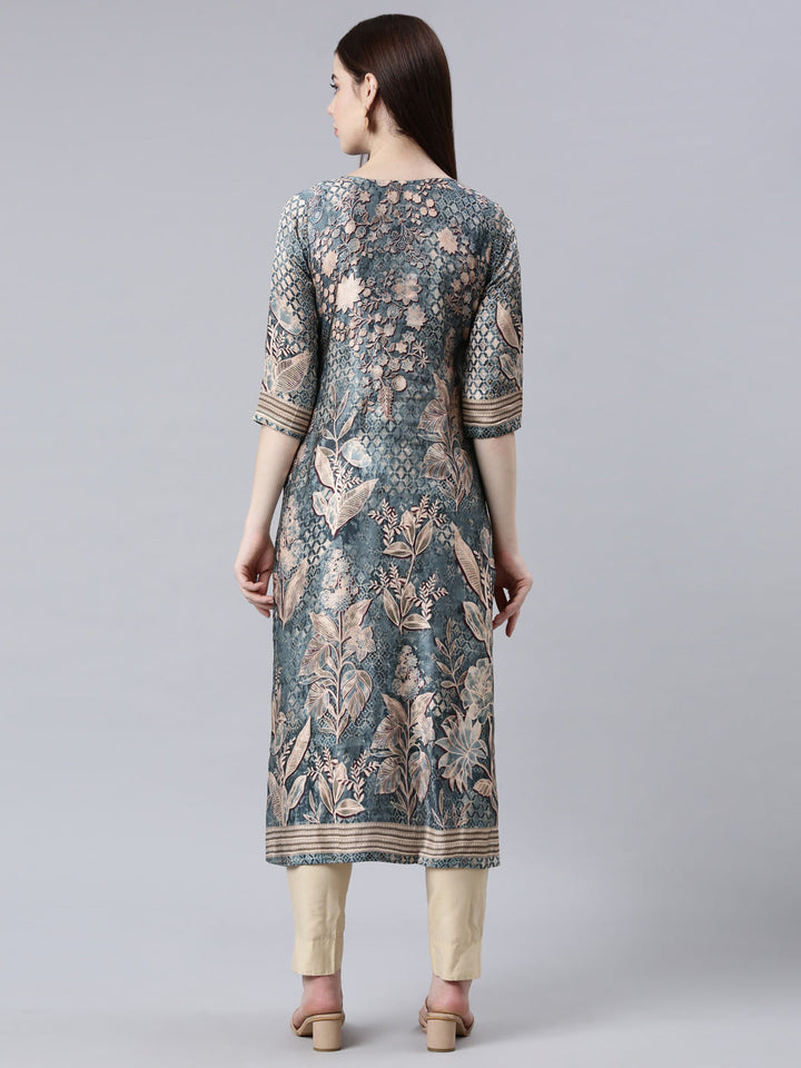 Neerus Green printed floral straight kurta - side view