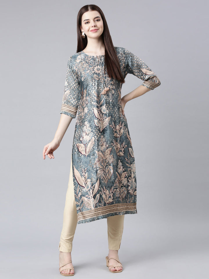 Neerus Green printed floral straight kurta - detail view 2
