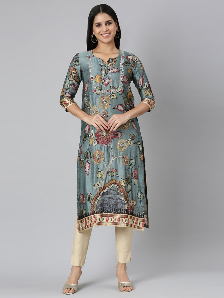 Neerus Blue cotton printed straight kurta - front view