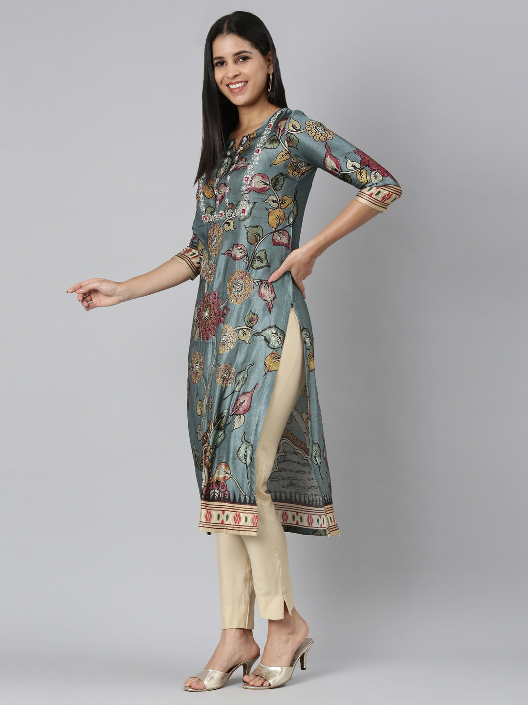 Neerus Blue cotton printed straight kurta - back view