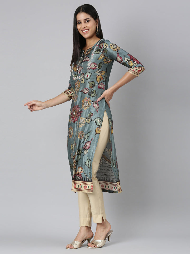 Neerus Blue cotton printed straight kurta - back view