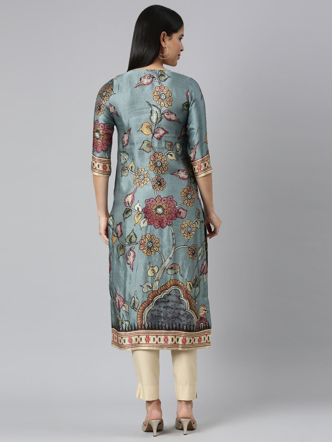Neerus Blue cotton printed straight kurta - side view