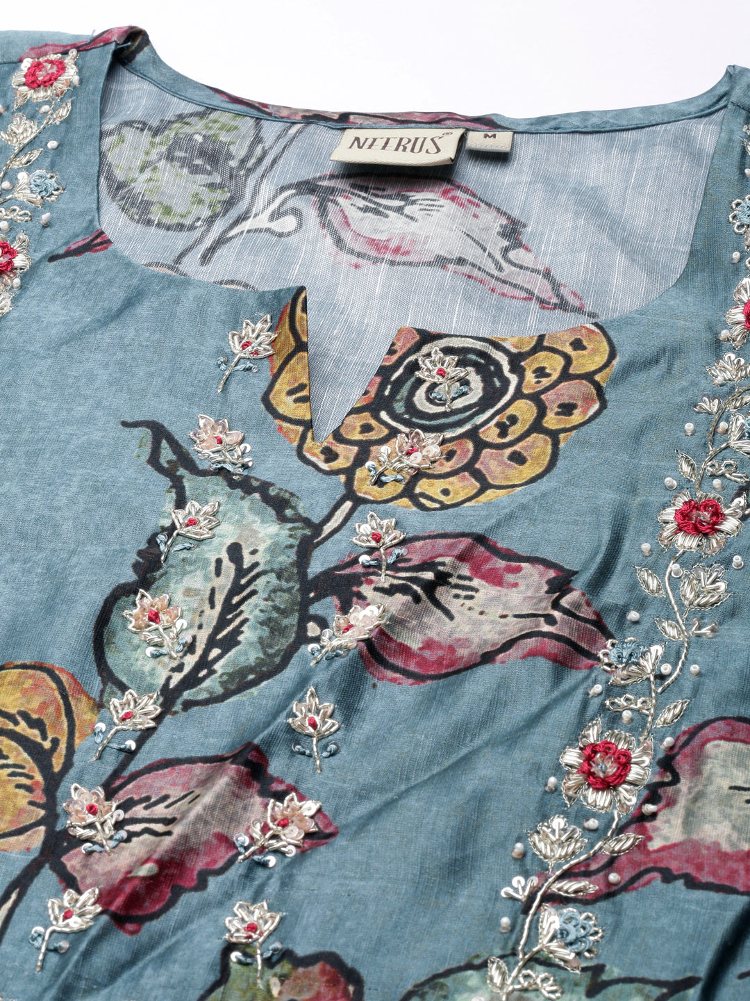 Neerus Blue cotton printed straight kurta - detail view 1