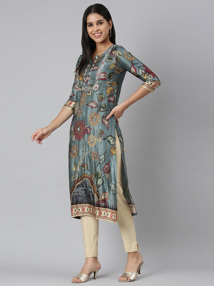 Neerus Blue cotton printed straight kurta - detail view 2