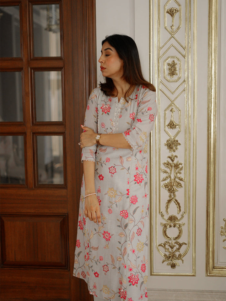 Neerus Grey viscose rayon printed kurta set - front view