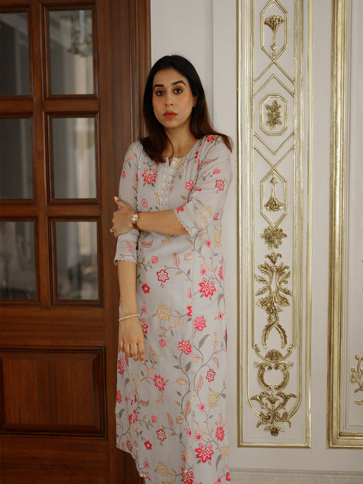 Neerus Grey viscose rayon printed kurta set - back view