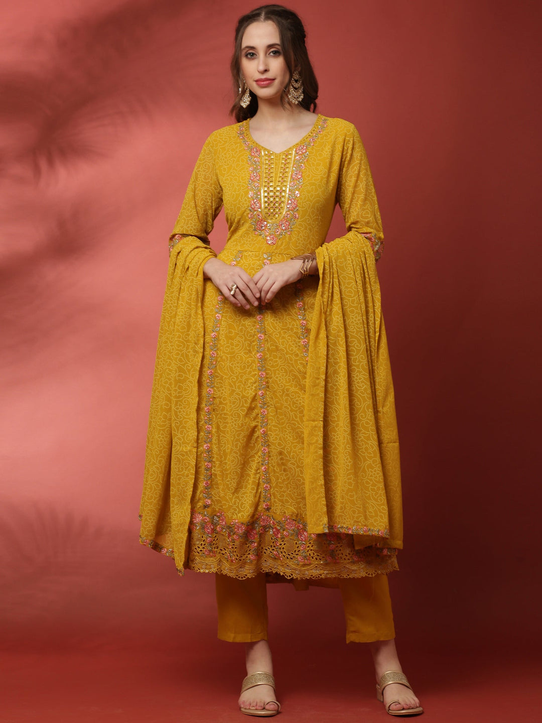 Neerus Yellow georgette embellished Anarkali suit set - front view