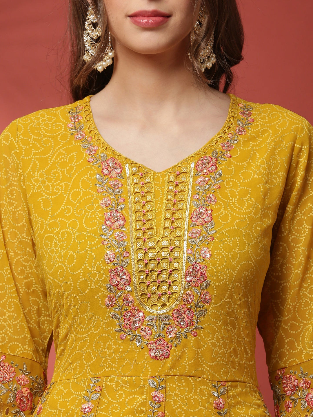 Neerus Yellow georgette embellished Anarkali suit set - detail view 1