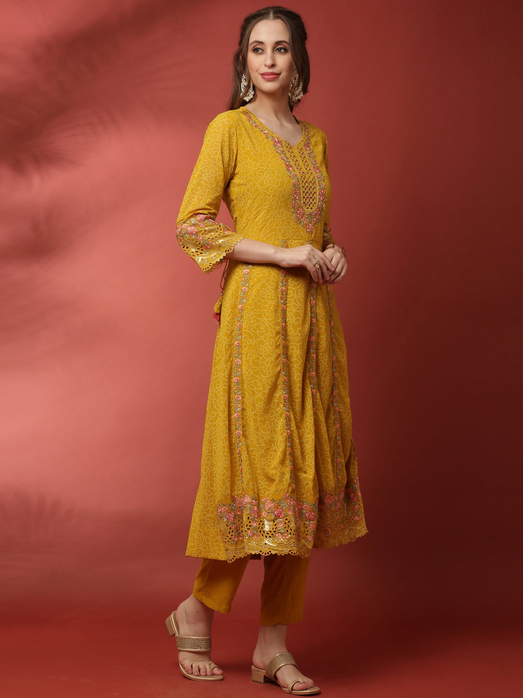 Neerus Yellow georgette embellished Anarkali suit set - back view