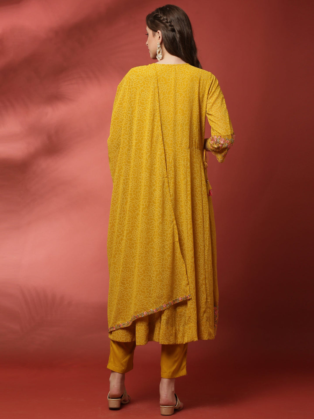 Neerus Yellow georgette embellished Anarkali suit set - side view