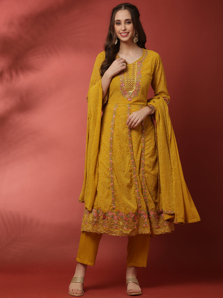 Mustard three piece georgette suit set with floral embroidery