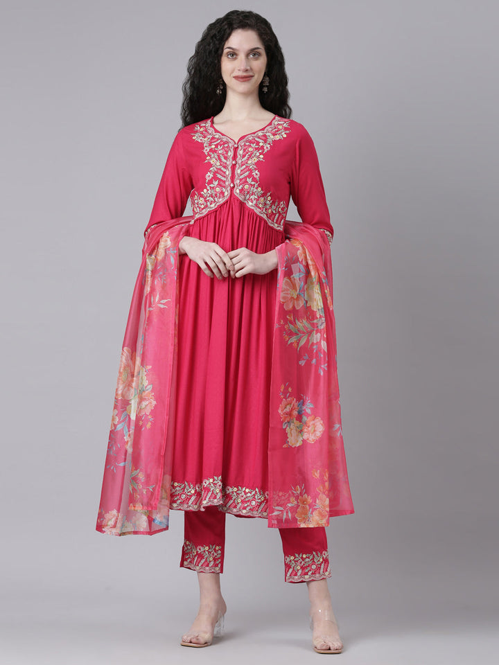 Neerus Pink Embroidered Straight Kurta and Trousers With Dupatta