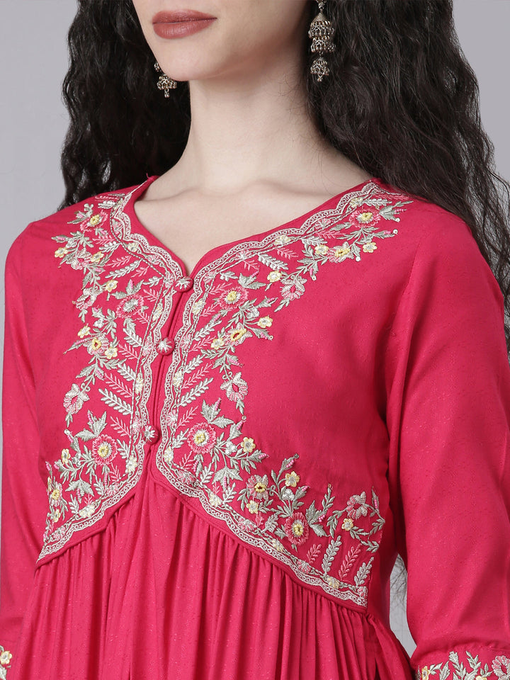 Neerus Pink Embroidered Straight Kurta and Trousers With Dupatta