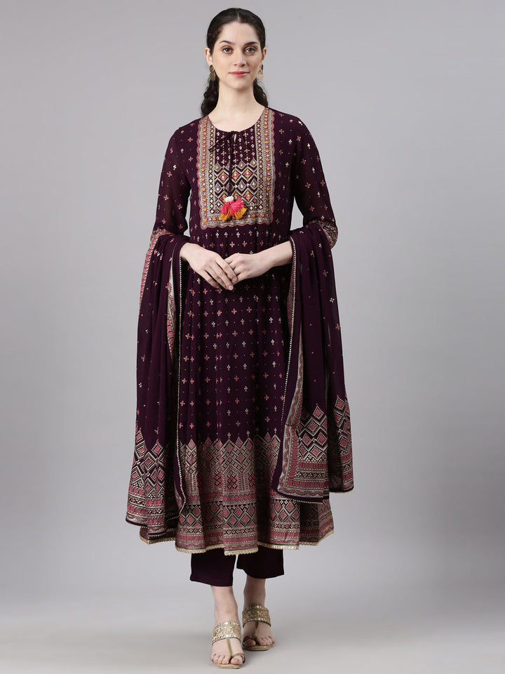 Neerus Maroon georgette printed suit set - front view