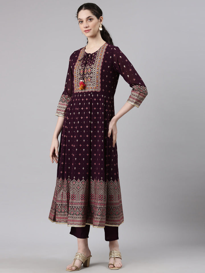 Neerus Maroon georgette printed suit set - back view