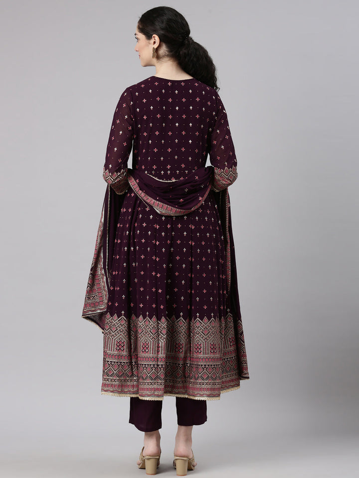 Neerus Maroon georgette printed suit set - detail view 1