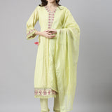 Neerus Yellow Casual Chevron Anarkali Kurta and Trousers With Dupatta