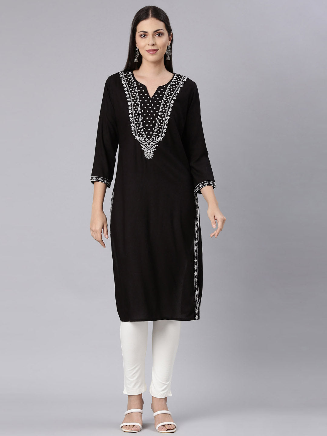 Neerus Black rayon solid straight kurta - front view