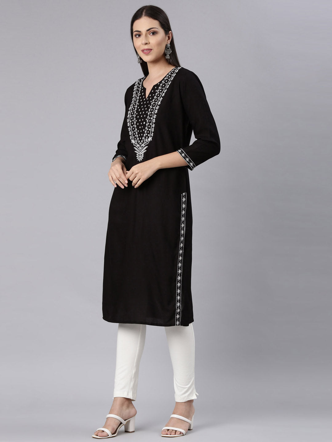 Neerus Black rayon solid straight kurta - back view