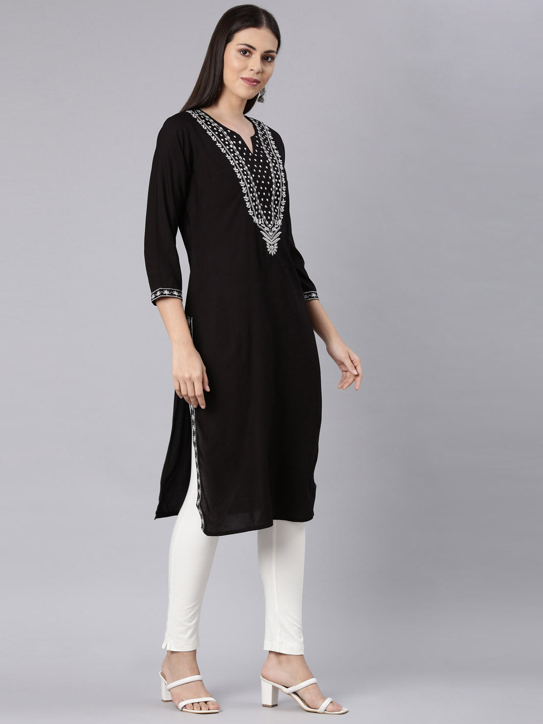 Neerus Black rayon solid straight kurta - side view