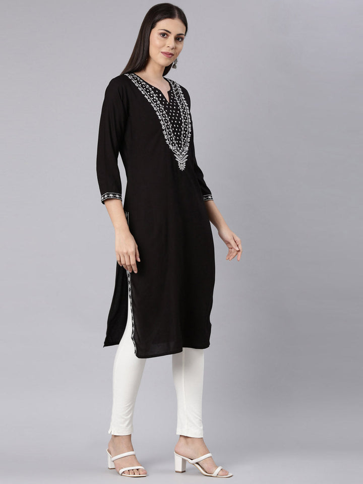 Neerus Black rayon solid straight kurta - side view
