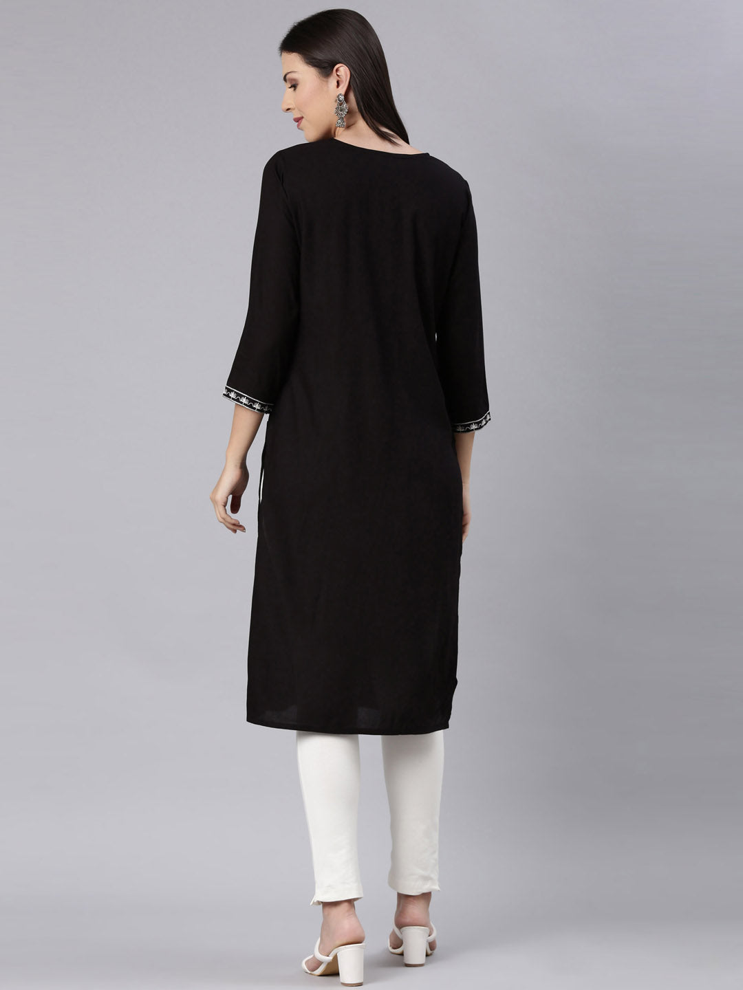 Neerus Black rayon solid straight kurta - detail view 1