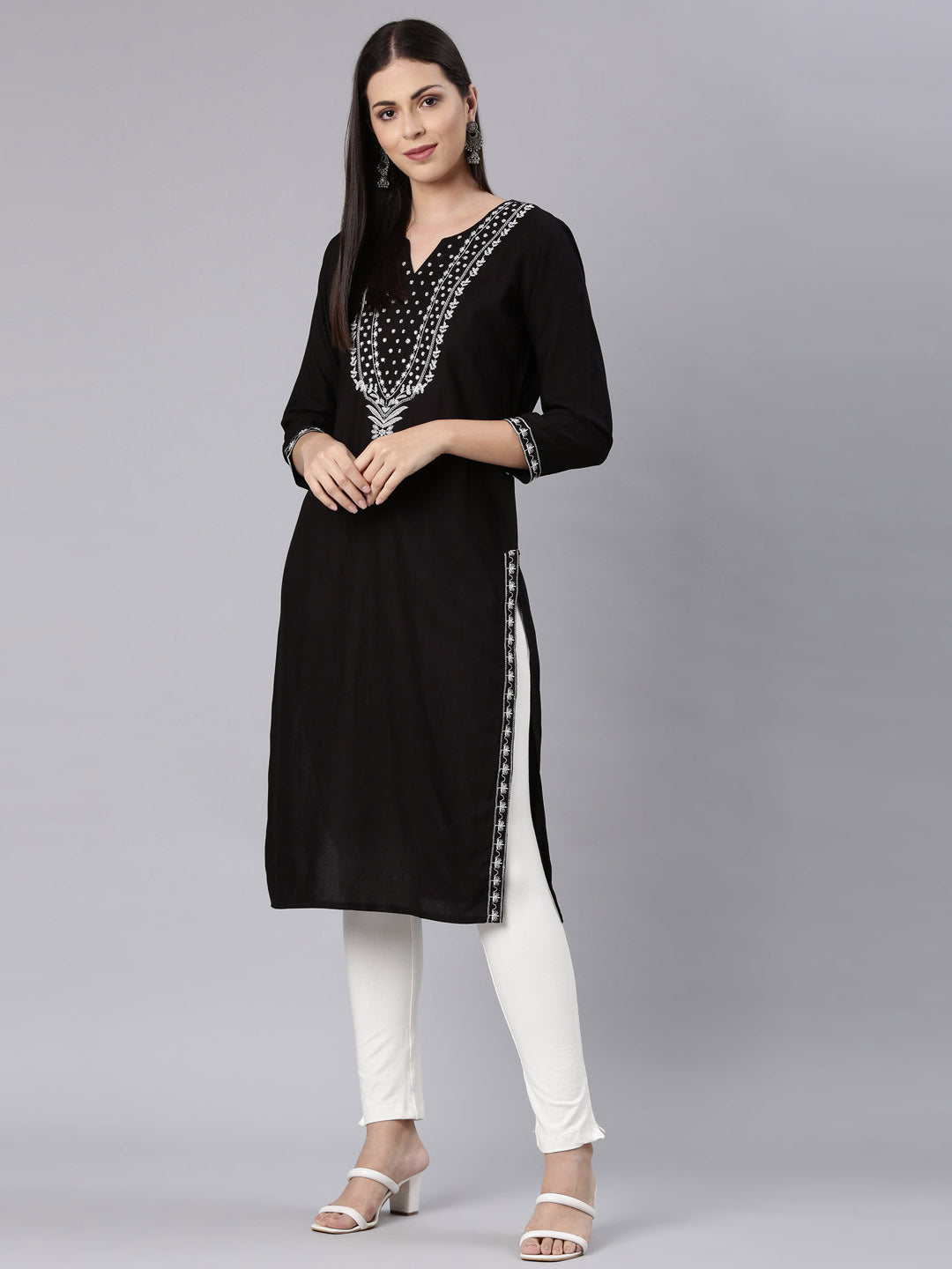 Neerus Black rayon solid straight kurta - detail view 3