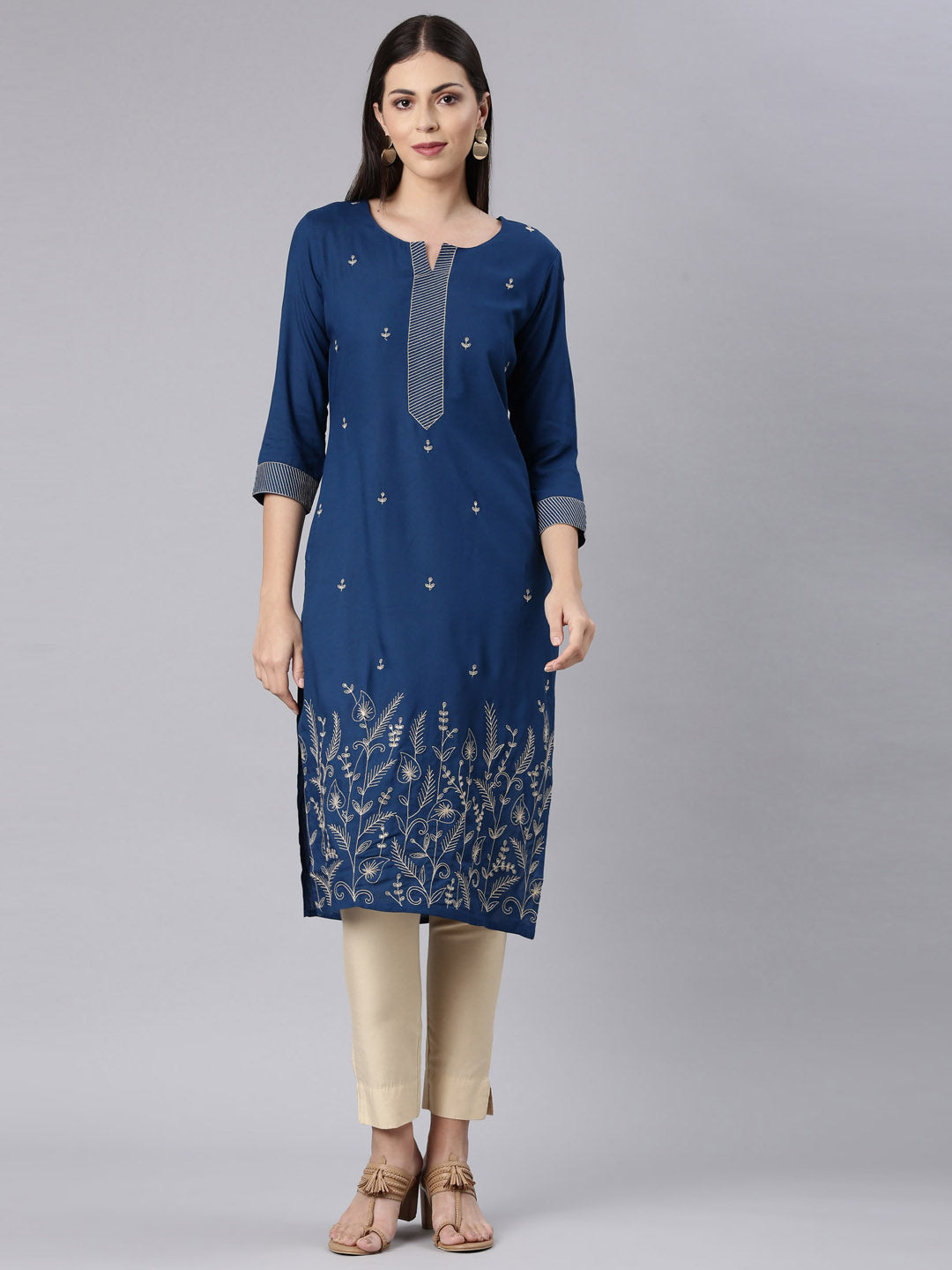 Neerus Blue rayon solid straight kurta - front view